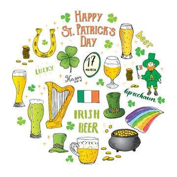St Patricks Day hand drawn doodle set, with leprechaun, pot of gold coins, ra Stock Illustration