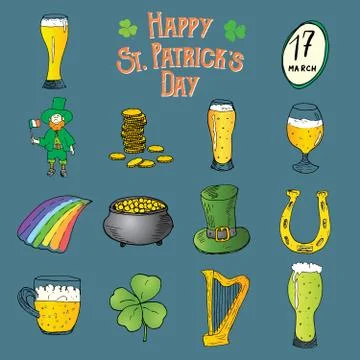 St Patricks Day hand drawn doodle icons set, with leprechaun, pot of gold coi Stock Illustration