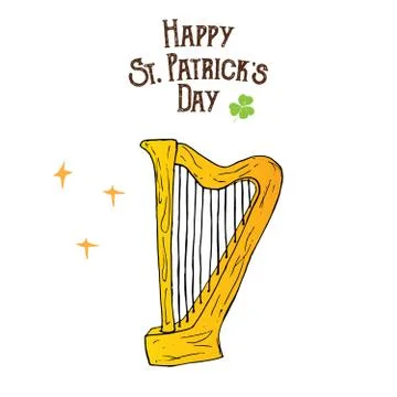 St Patricks Day hand drawn doodle celtic harp, vector illustration isolated o Stock Illustration