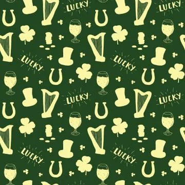 St Patrick's Day hand drawn seamless pattern, with leprechaun hat, coins, bee 스톡 일러스트