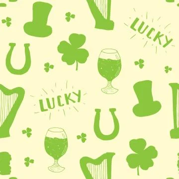 St Patrick's Day hand drawn seamless pattern, with leprechaun hat, coins, bee Stock Illustration