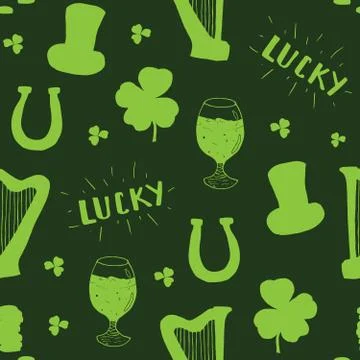St Patrick's Day hand drawn seamless pattern, with leprechaun hat, coins, bee Illustrazione stock