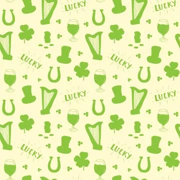 St Patrick's Day hand drawn seamless pattern, with leprechaun hat, coins, bee イラスト素材