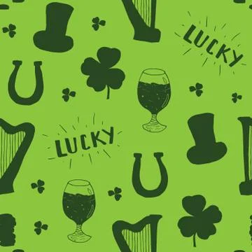 St Patrick's Day hand drawn seamless pattern, with leprechaun hat, coins, bee Stock Illustration