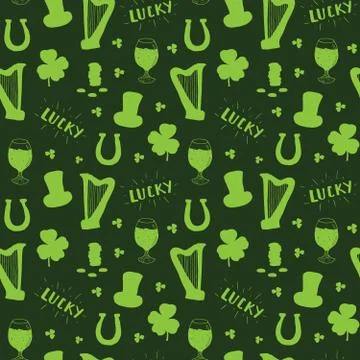 St Patrick's Day hand drawn seamless pattern, with leprechaun hat, coins, bee 스톡 일러스트