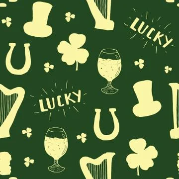 St Patrick's Day hand drawn seamless pattern, with leprechaun hat, coins, bee Stock Illustration