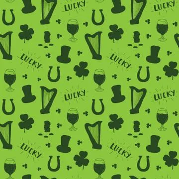 St Patrick's Day hand drawn seamless pattern, with leprechaun hat, coins, bee イラスト素材