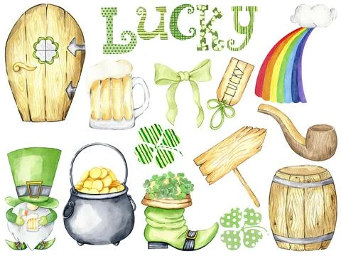 St. Patrick's day hand drawn clipart set with clover, shamrock, gnome, rain.. Stock Illustration
