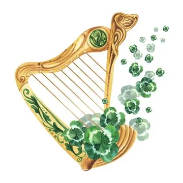 St Patrick's Day Harp composition with lucky objects: leprechaun hat , shamrock Stock Illustration