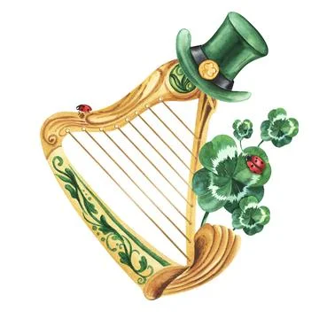 St Patrick's Day Harp composition with lucky objects: leprechaun hat , shamrock Stock Illustration