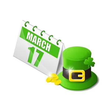 St. Patrick's day hat with clover and golden coins near calendar 17 march Stock Illustration