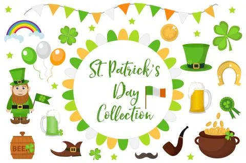 St. Patricks Day icon set design element. Traditional irish symbols in mode.. Stock Illustration