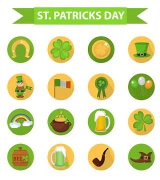 St. Patricks Day icon set design element. Traditional irish symbols in mode.. Stock Illustration