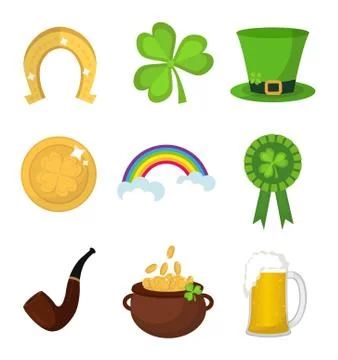 St. Patricks Day icon set design element. Traditional irish symbols in modern Stock Illustration