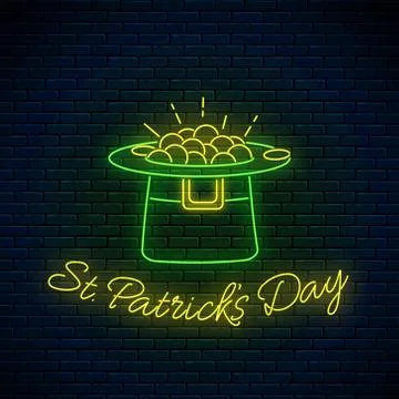 St. Patricks Day neon sign with leprechaun hat and gold. Green hat with treas Stock Illustration