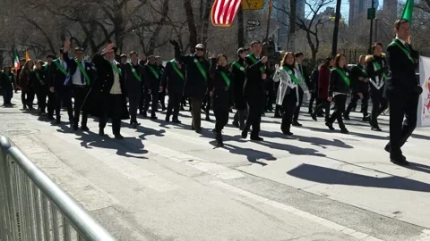 St Patricks Day Parade NYC Marchers Waving Stock Footage 264043111
