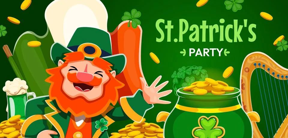 St Patrick's Day party flyer, leprechaun and coins Stock Illustration