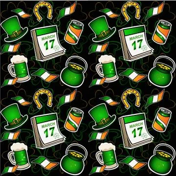 St. Patrick's Day Pattern. Hat, horseshoe, pot of gold, beer. seamless pattern Stock Illustration