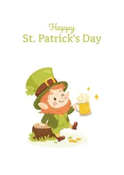 St. patricks day. A postcard of a cute leprechaun with a beer. Stock Illustration