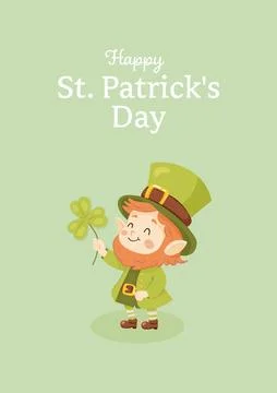 St. patricks day. A postcard of a cute leprechaun with clover Stock Illustration