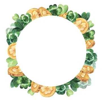 St. Patrick's Day round frame with shamrock leaves and gold coins. Hand drawn Stock Illustration