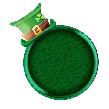 St. Patricks Day round green banner with leprechaun hat and shamrock pattern Stock Illustration