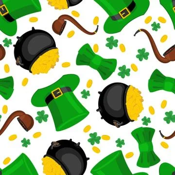 St. Patrick's Day seamless pattern. Leprechaun hat and gold. bow tie and sh.. 스톡 일러스트