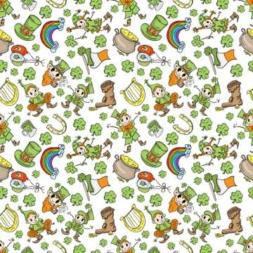 St. Patricks day seamless pattern of holiday symbols white background Stock Illustration