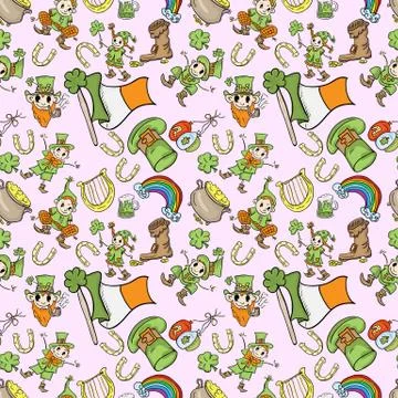St. Patricks day seamless pattern of holiday symbols pink background Stock Illustration