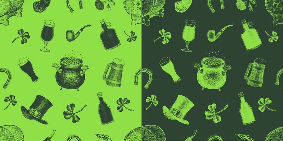 St. Patricks day seamless pattern. Vector hand drawn illustrations leprechaun Stock Illustration