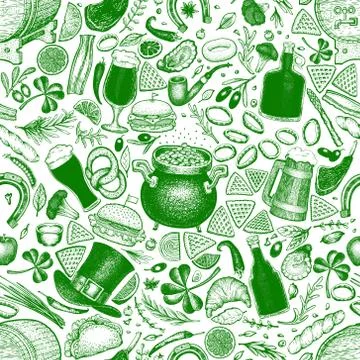 St. Patricks day seamless pattern. Vector hand drawn illustrations leprechaun Stock Illustration
