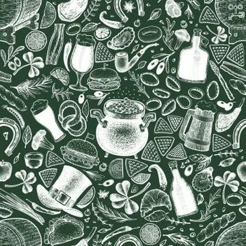 St. Patricks day seamless pattern. Vector hand drawn illustrations on green c Stock Illustration