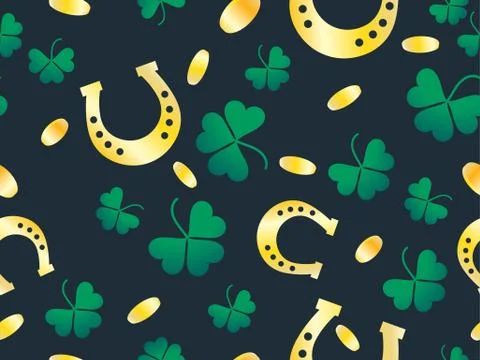 St. Patrick's Day seamless pattern. Background with clover leaves, gold coins Stock Illustration