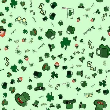 St. Patrick's Day seamless pattern with clover, hat and glasses with lepricon Stock Illustration