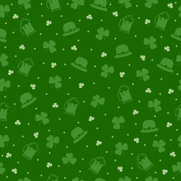 St Patricks Day seamless pattern with leprechaun hat, clover, beer on green Stock Illustration