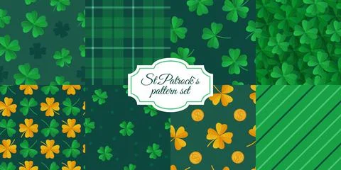St. Patrick's Day seamless pattern set. Green textures with plaid, lines, gol Stock Illustration