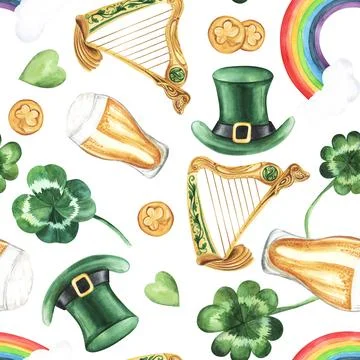 St. Patricks Day Seamless Pattern on a green background: hat, harp, clover Illustrazione stock