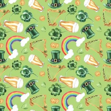 St. Patricks Day Seamless Pattern on a green background: hat, harp, clover Illustrazione stock