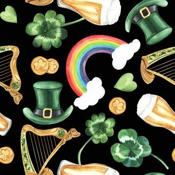 St. Patricks Day Seamless Pattern on a green background: hat, harp, clover Stock Illustration