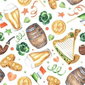 St. Patricks Day Seamless Pattern on a green background: barrel, smoke pipe Stock Illustration