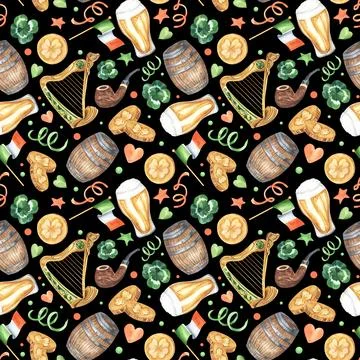 St. Patricks Day Seamless Pattern on a green background: barrel, smoke pipe Illustrazione stock