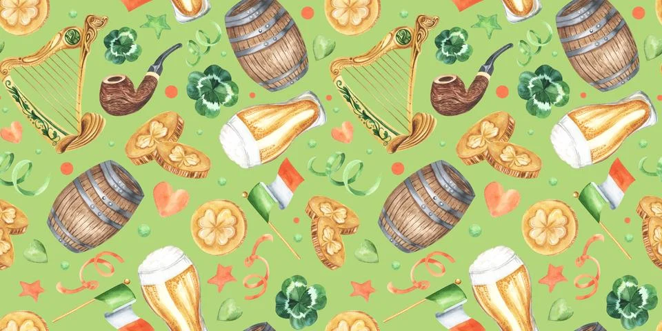 St. Patricks Day Seamless Pattern on a green background: barrel, smoke pipe Stock Illustration