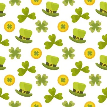 St. patrick's day seamless pattern, clover and gold coins. vector illustratio Stock Illustration