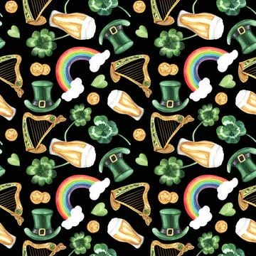 St. Patricks Day Seamless Pattern on a green background: hat, harp, clover Stock Illustration