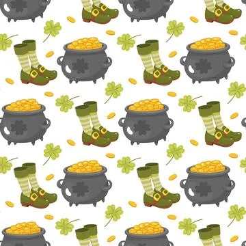 St. Patricks Day, seamless pattern, clover, pot of gold, clogs Illustrazione stock