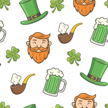 St. Patrick's Day seamless pattern with leprechaun and clover leaf Illustrazione stock