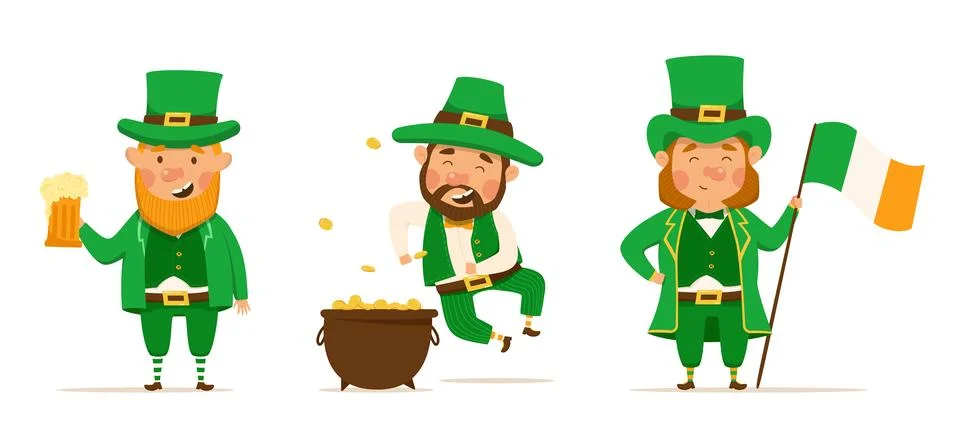 St. Patrick's Day set of different characters of leprechauns in different sui Stock Illustration