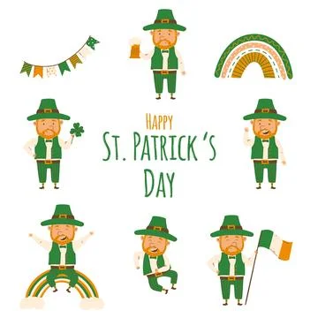 St. Patrick's Day set of happy leprechauns in a flat minimalistic style. Ve.. Stock Illustration
