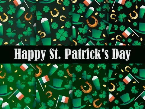 St. Patrick's Day set of seamless patterns. Clover leaves and gold coins. Lep Illustrazione stock