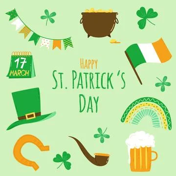 St. Patrick's Day set. Vector illustration in flat style. Pot of gold, hat,.. Stock Illustration